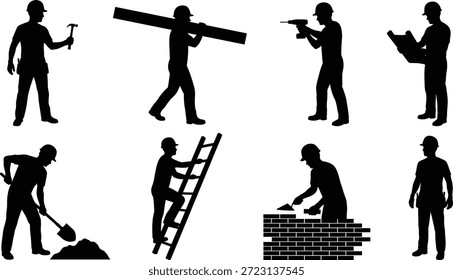 Conjunto de iconos de silueta de trabajador de construcción y constructor - Contratista, ingeniero y Ilustración vectorial de mano de obra manual
