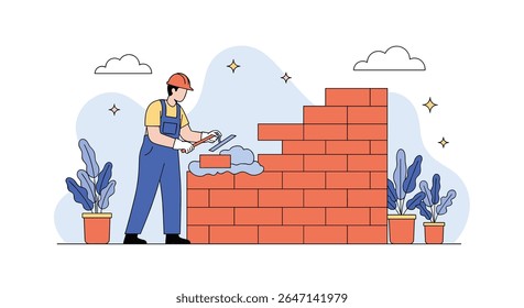Trabalhador de construção Construindo uma parede de tijolos com ilustração de cimento Profissional e Trabalho duro