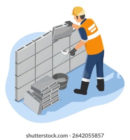 Construction worker building a house wall with concrete blocks using trowel and mortar wearing safety gear and orange vest in isometric cartoon style on white background