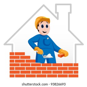 Construction worker building a red bricked wall