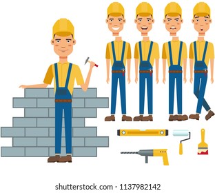 Construction worker building wall character set with different poses, emotions, gestures. Part of body, drill, roller, spatula. Can be used for topics like occupation, manual worker, profession
