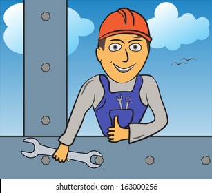 Construction worker builds iron construction, wrench in hand - Vector version