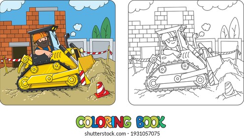 Construction worker in a bulldozer. Coloring book