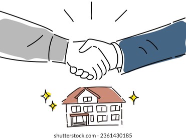 construction worker and business person handshake and house drawing illustration, vector