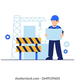 A construction worker carefully reviews blueprints beside a crane and safety barriers at a bustling job site.