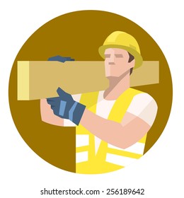 Construction worker carpenter carrying heavy wooden plank on shoulder