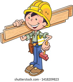 Construction Worker carrying hammer and plank