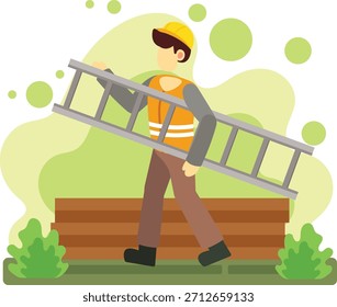 Construction worker carrying ladder at worksite illustration