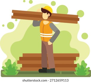 Construction worker carrying lumber in outdoor workspace illustration