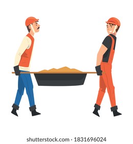 Construction Worker Carrying Sand, Male Builder Character Wearing Uniform and Protective Helmet Building House Cartoon Vector Illustration