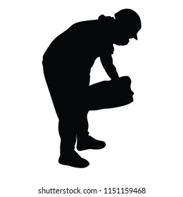 Construction worker carrying tools building material on hands vector silhouette. Painter work adaptation. Delivery service moving transport, workers carry vector. Worker with helmet