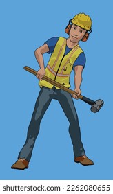 caricatura de un trabajador de construcción sujetando martillo de trineo usando un bib amarillo y un trabajador de sombrero duro sujetando la ilustración de la herramienta