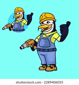 Construction worker cartoon character Penguin mascot vector llustration