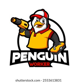 Construction worker cartoon character Penguin mascot logo