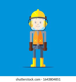 Construction worker cartoon character wearing safety face shield, hand gloves and earmuff.