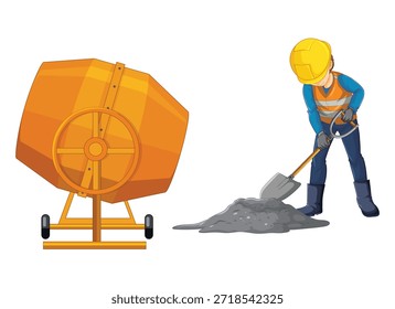 Construction worker and cement mixer on white background