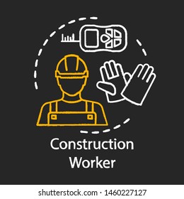Construction Worker Chalk Icon. Builder, Laborer. Repair, Maintenance Employee. Hard Hat Worker, Handyman. Construction Safety Equipment. Manual Labour. Isolated Vector Chalkboard Illustration