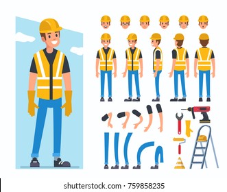 Construction worker character  for animation. Flat style vector illustration isolated on white background.  