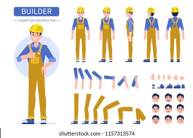 Construction worker character  for animation. Front, side and back view.  Flat style vector illustration isolated on white background. 