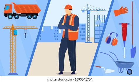 Construction worker character, builder in helmet with proffessional equipment vector illustration. Industrial engineering and building. Contractor work, engineer on cityscape building background.