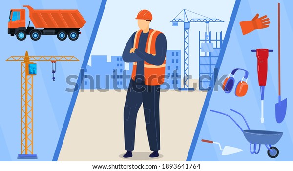 Construction worker character, builder in helmet with proffessional equipment vector illustration. Industrial engineering and building. Contractor work, engineer on cityscape building background.