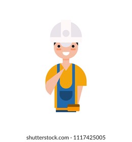 Construction worker character, builder in overall and protective helmet vector Illustration on a white background