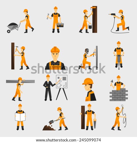 Construction worker character building with hand hammer drill in helmet flat icons set abstract isolated vector illustration