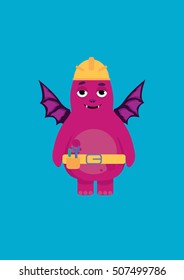 Construction worker character by little monster
vector illustration