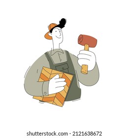 A construction worker character. Carpenter with parquet. Vector illustration of a flat style isolated on a white background.