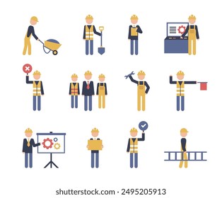 Construction worker character color pictograms. Industry employees engineers, designers set.