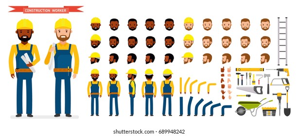 Construction worker Character creation set. Male worker in blue overall, Various poses and emotions, running, standing, walking, working. Full length, front, rear view. Vector. Cartoon flat style.