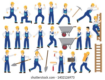 Construction worker character with different action and poses. Flat isolated vector illustration. 