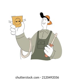 A construction worker character. Electrician installer. Vector illustration of a flat style isolated on a white background.