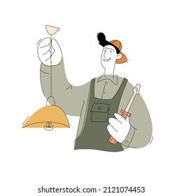 A construction worker character. Electrician installer. Vector illustration of a flat style isolated on a white background.