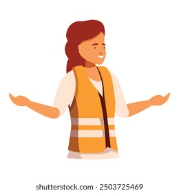 Construction worker character is gesturing with her hands as if she is presenting something