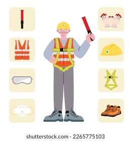 A construction worker character holding a light stick and a collection of safety equipment.