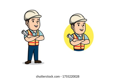 Construction worker character for mascot logo design. Cute boy with paper work. Retro cartoon logo. Flat style vector illustration. 