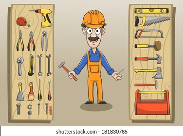 Construction worker character pack with engineering tools and equipment vector illustration