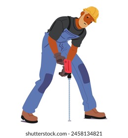 Construction Worker Character in Safety Gear and Overalls, Operating Power Drill, for Drilling Into A Surface, As Part Of Building or Renovation Work On Site. Vector Cartoon People Vector Illustration