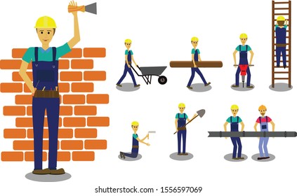 Construction worker Character  set. Male worker in blue overall, Various poses and tools. Cartoon flat style.