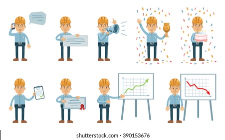 Construction worker character set. Set of man with hard hat showing various actions. Businessman holds loudspeaker, banner, cake, talks to phone. Flat design vector illustration