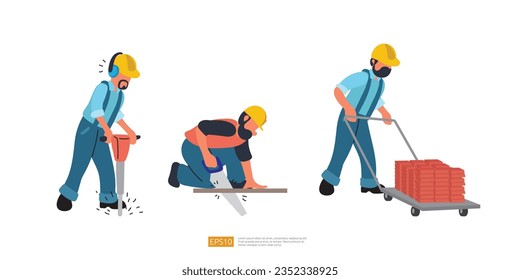 Construction Worker Character Set Vector Illustration. Worker with Wheelbarrow Carrying Brick. Road Builder In Headphones Working With Jackhammer. Construction Builder with Hand Saw