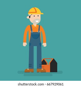 construction worker character with tools flat cartoon vector illustration