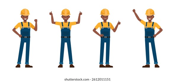 Construction worker character vector illustration design set. Presentation in various action.