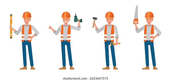 Construction worker character vector illustration design set.