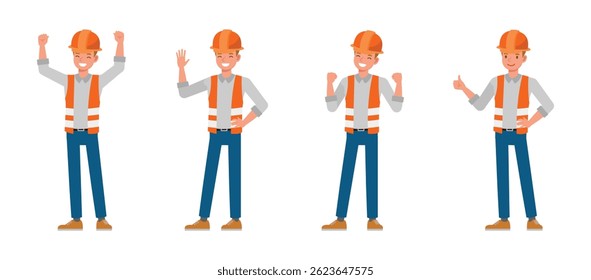 Construction worker character vector illustration design set. Men express positive emotions.