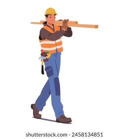 Personaje De Trabajador De La Construcción Usando Sombrero Duro Y Chaqueta De Alta Visibilidad, Llevando Tablones De Madera. Personaje Preparando Materiales Para Proyectos De Renovación En Sitio De Construcción. Ilustración vectorial de dibujos animados