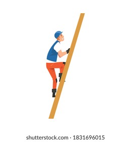 Construction Worker Climbing Ladder, Male Builder Character Wearing Uniform And Protective Helmet Building House Cartoon Vector Illustration