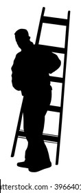 Construction worker climbing a ladder vector silhouette illustration isolated on white background. Painter painting at work. Laborer on work. Under construction.