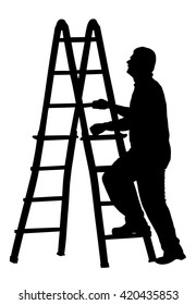 Construction worker climbing on ladders vector silhouette illustration isolated on white background. Painter painting at work. Laborer on work. Under construction. Handyman at home. Diagnostic and fix